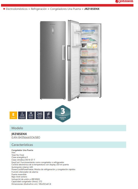 JOHNSON VERTICAL FREEZER 185X59.5X61.8 CM NF 1P 273L CLASS E STAINLESS STEEL