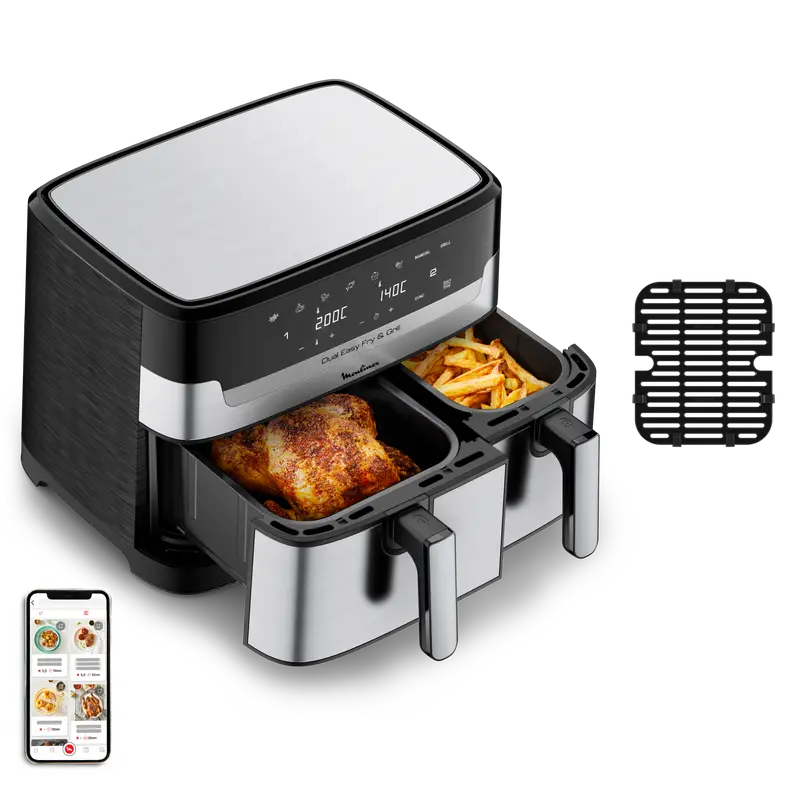 Dual Easy Fry & Grill, Freidora de aire y grill, 8,3 L, Dos cubetas, 8 Programas, Inox