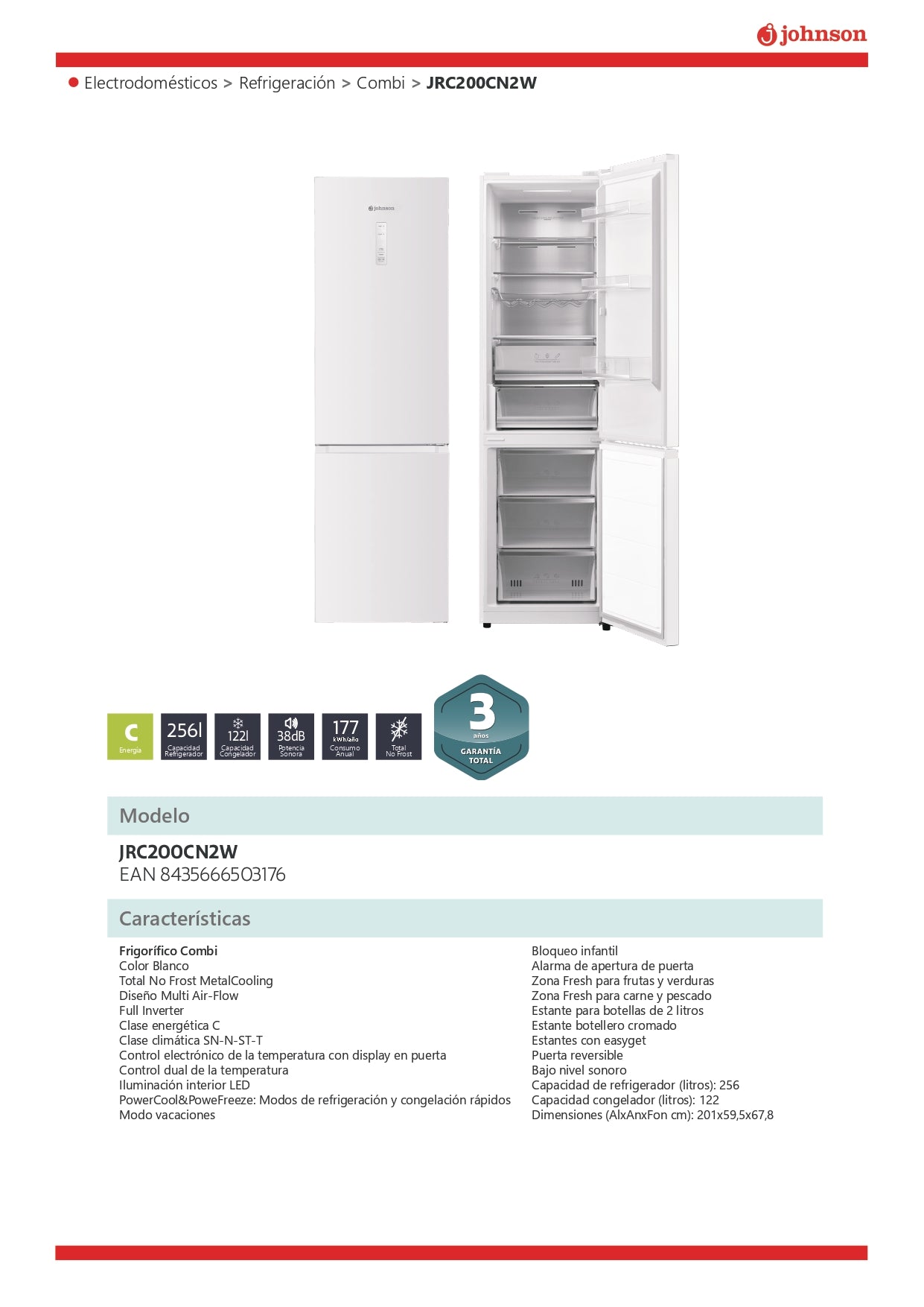 FRIGORIFICO COMBI JOHNSON NO FROST NF 201X59.5X67.8 FULL INVERTER CLASE C BLANCO DISPLAY Ref. JRC200CN2W