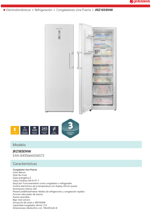 JOHNSON VERTICAL FREEZER 185X59.5X61.8 CM NO FROST 1P CLASS E WHITE