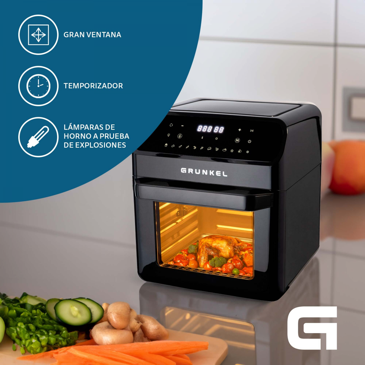 Grunkel - Freidora aire 12L - Air Fryer BLACK FRYER OVEN - 12 programas.