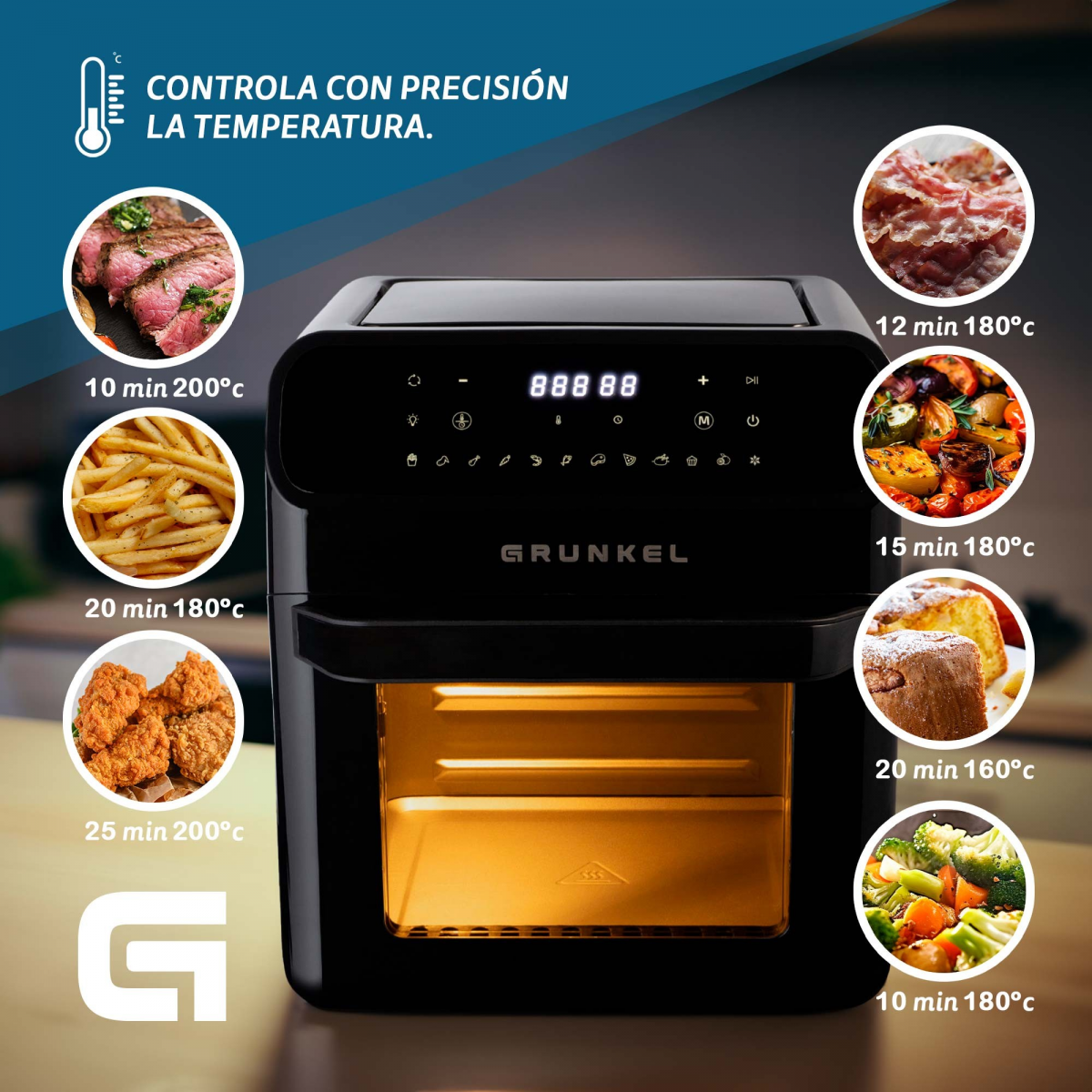 Grunkel - Freidora aire 12L - Air Fryer BLACK FRYER OVEN - 12 programas.