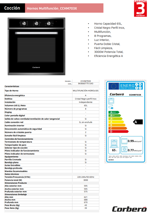 Horno Corbero CCHM703X, Multifunción.8, 65L, A, Negro cristal