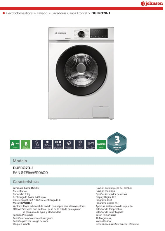 LAVADORA JOHNSON CF 7KG 1400RPM CLASE A -10% INVERTER DISPLAY BLANCA Ref. DUERO70-1