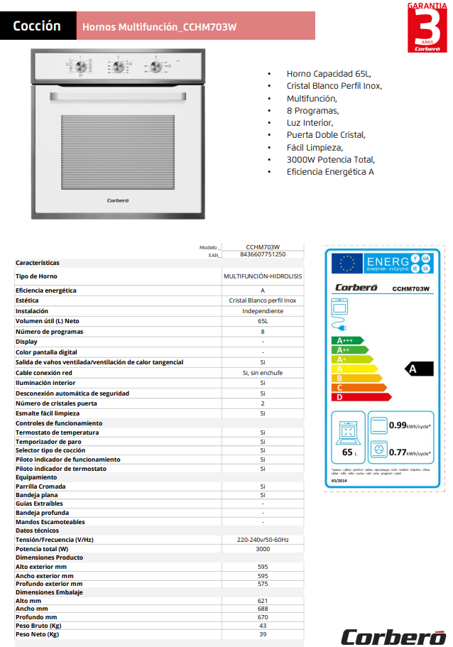 Horno Corbero CCHM703W, Multifunción.8, 65L, A, cristal Blanco