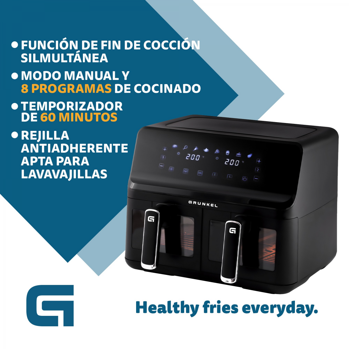 Grunkel - Freidora aire - Air Fryer - 8 programas y 2700W potencia DUAL TASTY FRYER.  (2x4L, Doble)