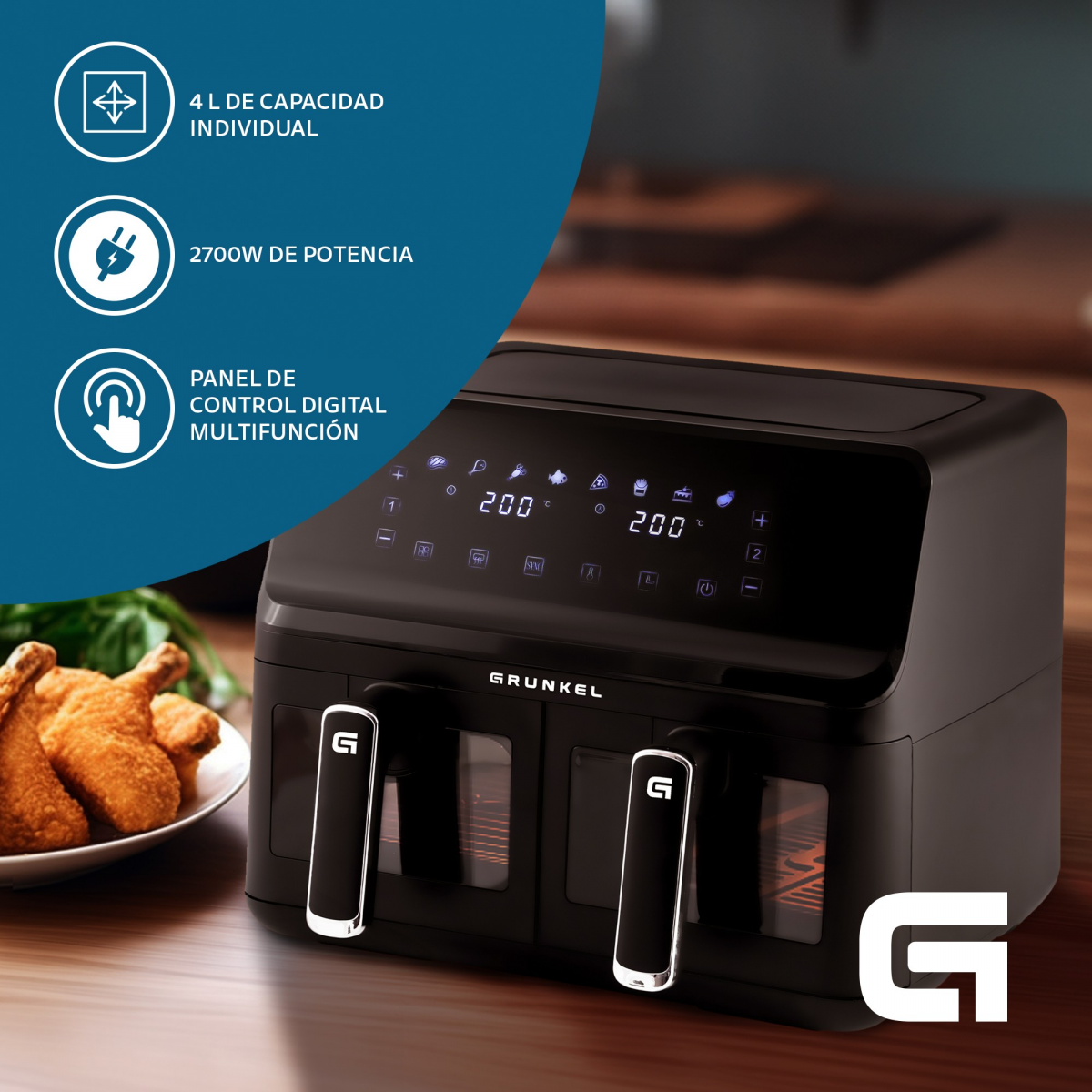 Grunkel - Freidora aire - Air Fryer - 8 programas y 2700W potencia DUAL TASTY FRYER.  (2x4L, Doble)