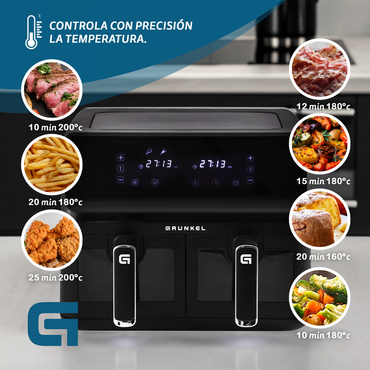 Grunkel - Freidora aire - Air Fryer - 8 programas y 2700W potencia DUAL TASTY FRYER.  (2x4L, Doble)