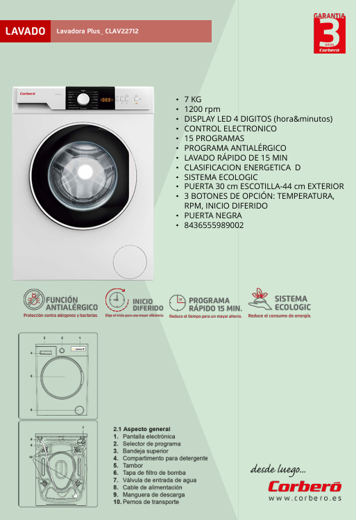 CF VANGUARD WASHER 7KG 1000RPM VD7WM1000