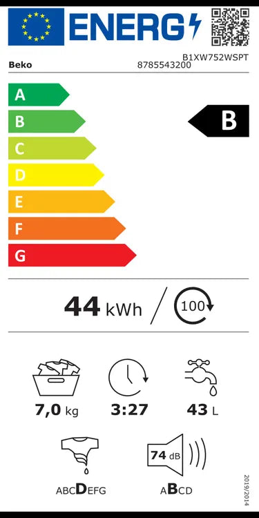 LAVADORA BEKO B1XW752WSPT 7KG 1200RPM BLANCO DISPLAY DIGITAL CLASE A 15 PROG MOTOR PROSMART INVERTER FUNCION WATER MODE