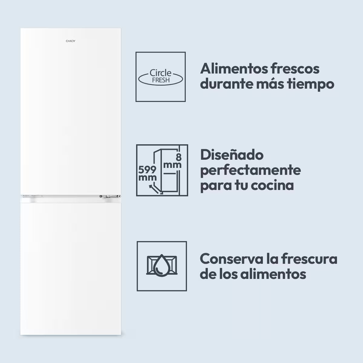 Frigorífico Combi Candy CNCQ2T6S18DW, No Frost, 185 cm, 355 L, 4 Cajones, Eficiencia E - Blanco